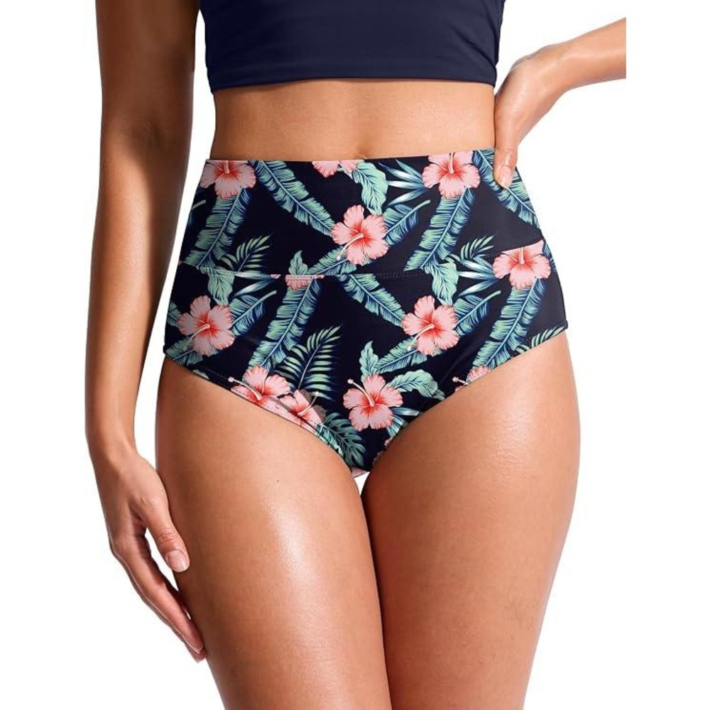 Gradual Womens High Waisted Tummy Control Bikini Bottom Navy Floral XL New